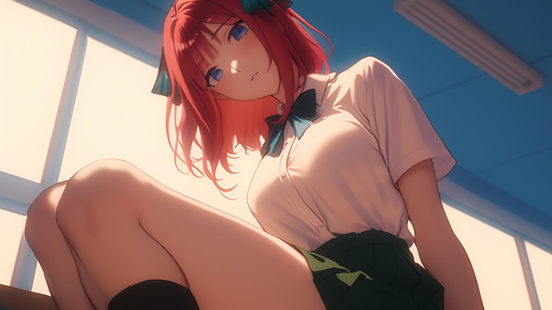 Nino Nakano with reddish pink hair, in JK uniform, kneeling and leaning forward.