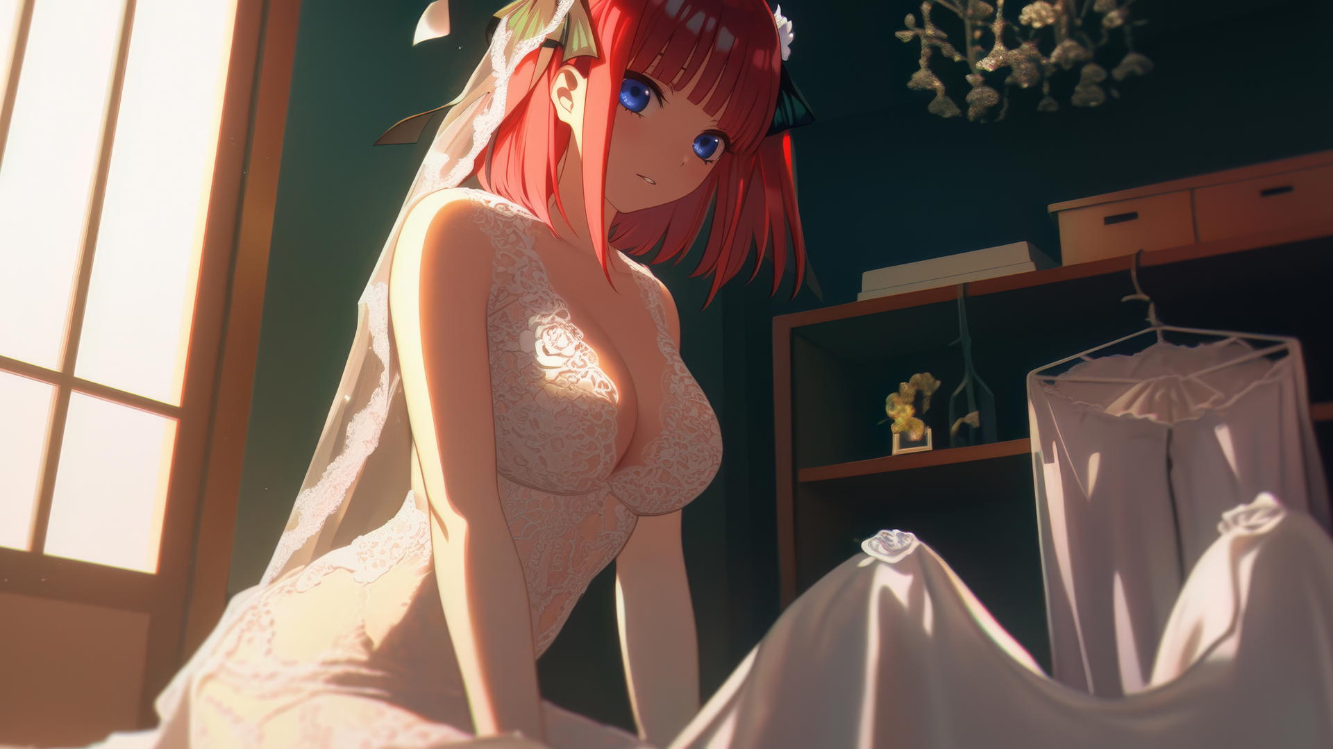 Nino Nakano in wedding dress, kneeling and leaning forward with dark blue eyes and reddish pink hair.