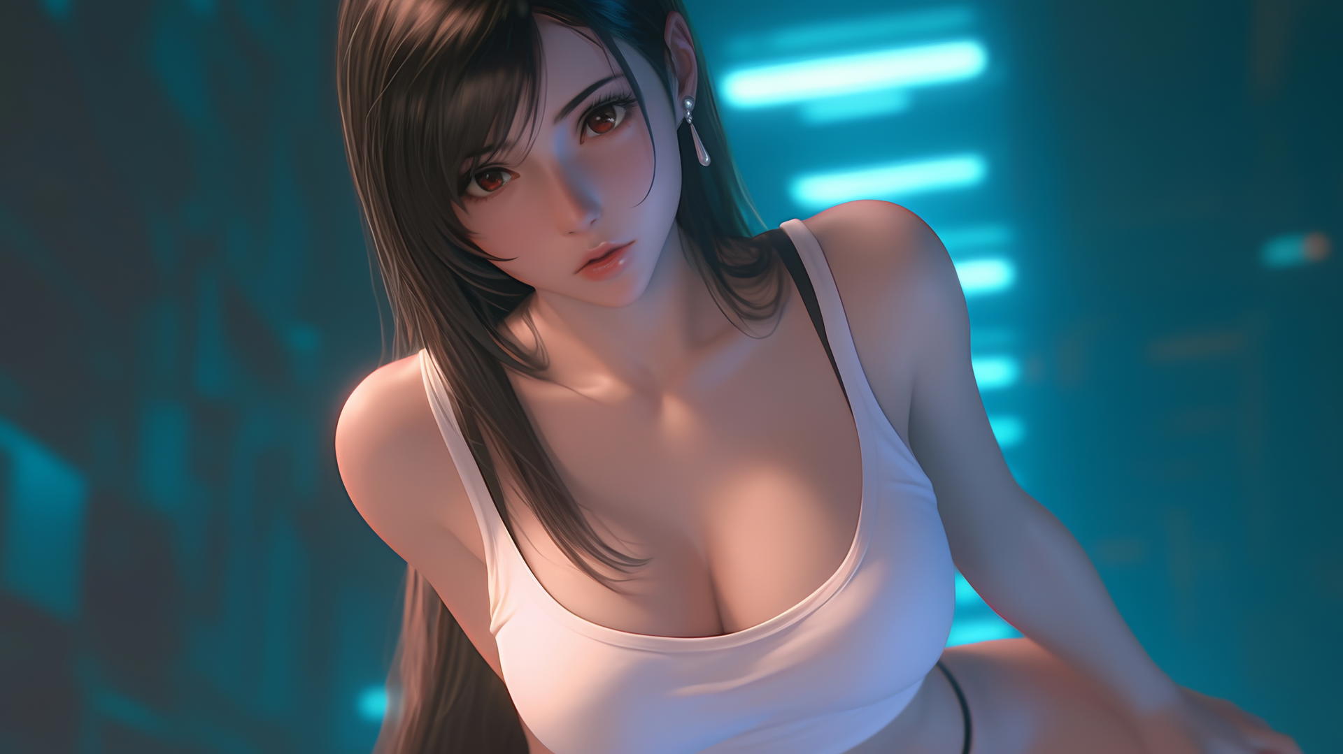 Tifa Lockhart kneeling and leaning forward, seen from below, warm light