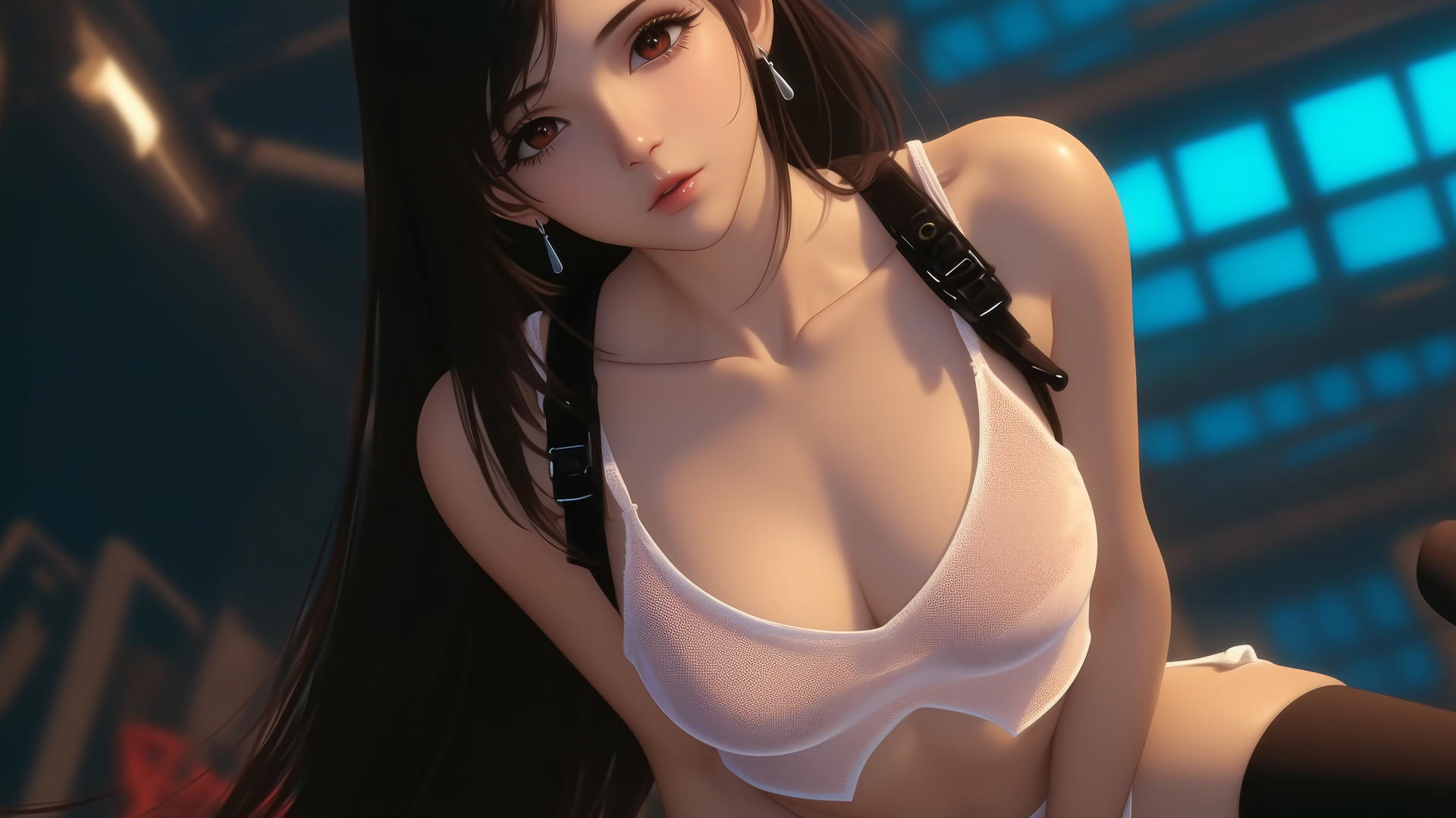 Tifa Lockhart kneeling and leaning forward in a white t-shirt with a ceiling background