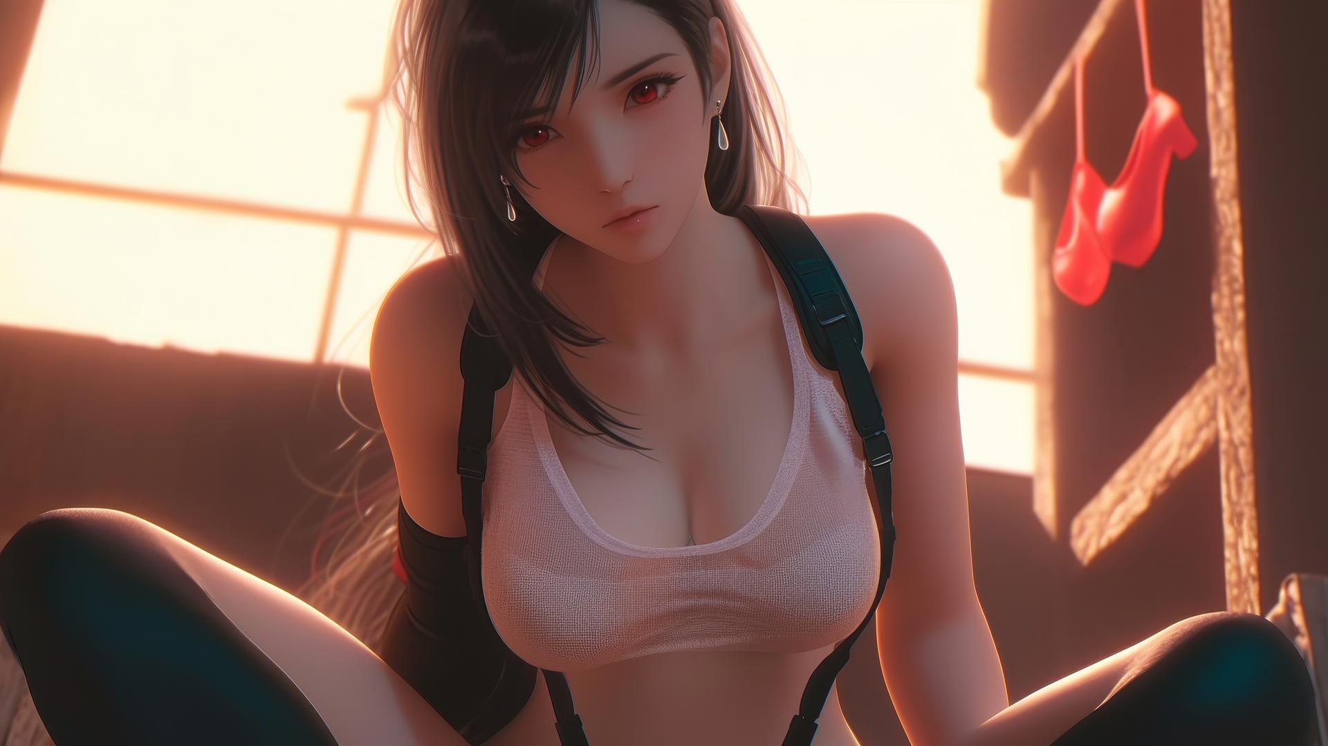 Tifa Lockhart kneeling, leaning forward, warm glow, ceiling background