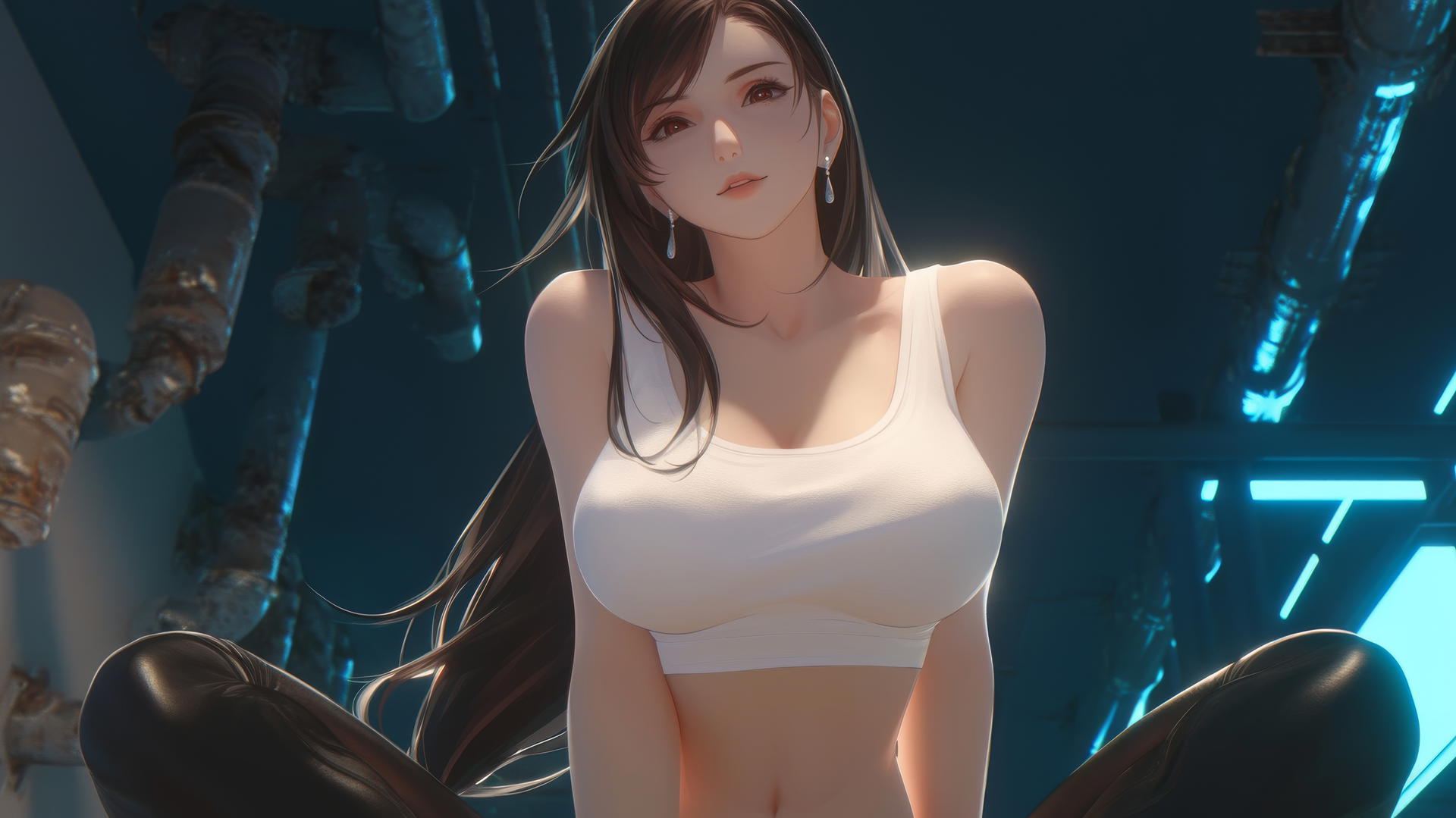 Tifa Lockhart kneeling and leaning down in a white T-shirt with a ceiling background