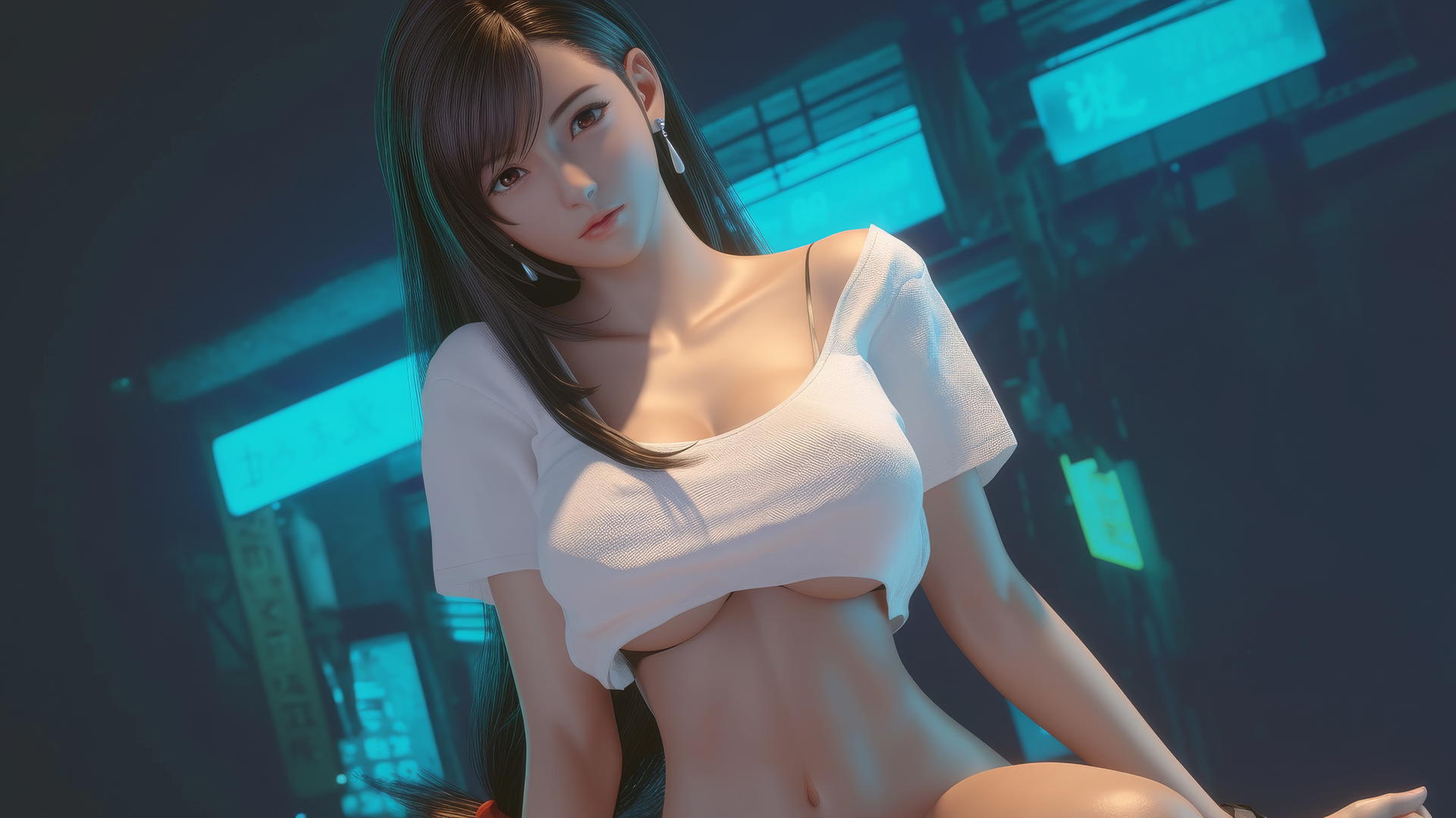Tifa Lockhart kneeling, wearing white T-shirt, warm light, ceiling background