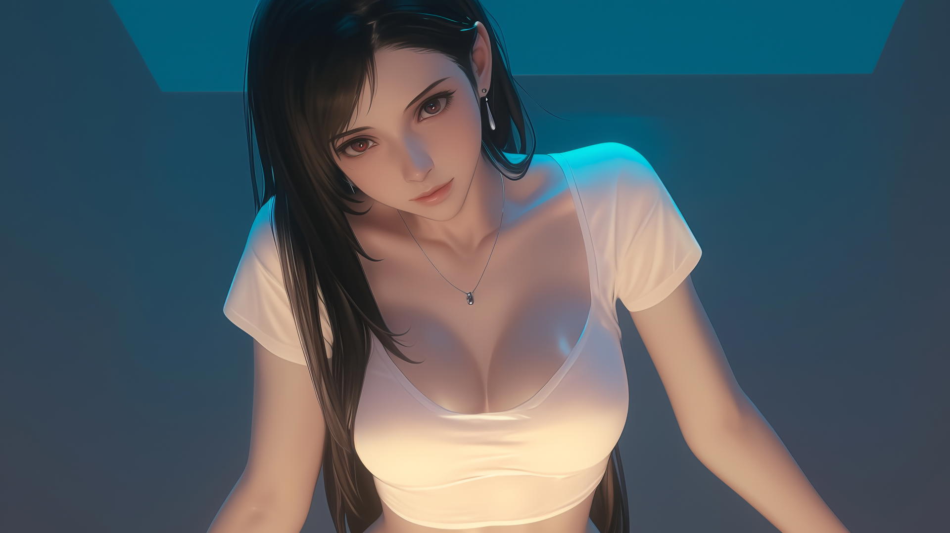 Tifa Lockhart kneeling, leaning forward, warm light, ceiling background