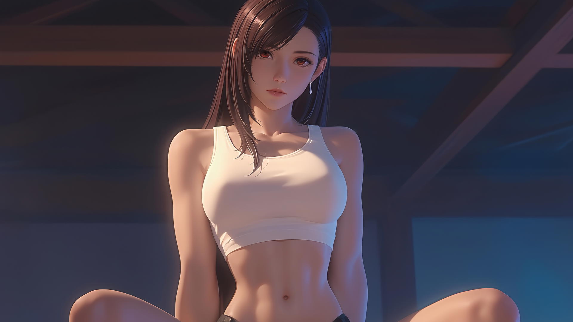 Tifa Lockhart kneeling and leaning, seen from below, warm light, ceiling background