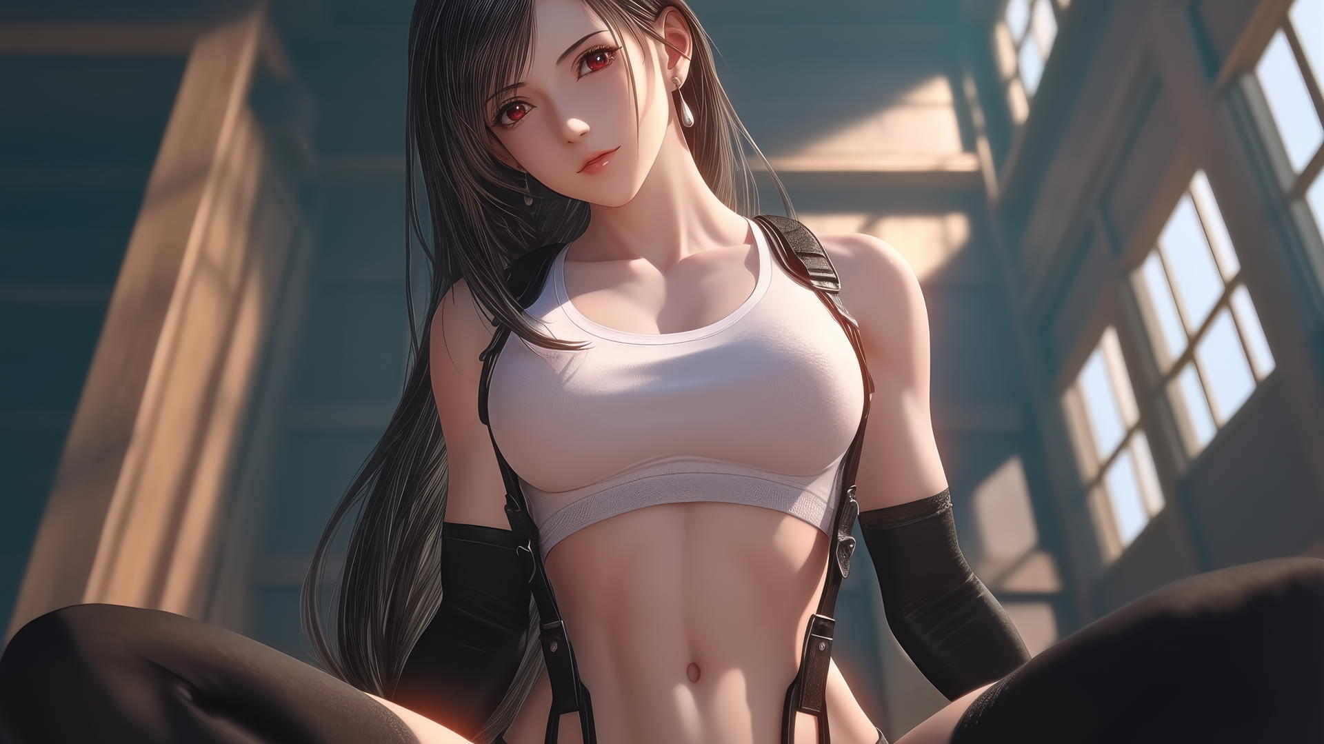 Tifa Lockhart kneeling and leaning forward from below with ceiling background