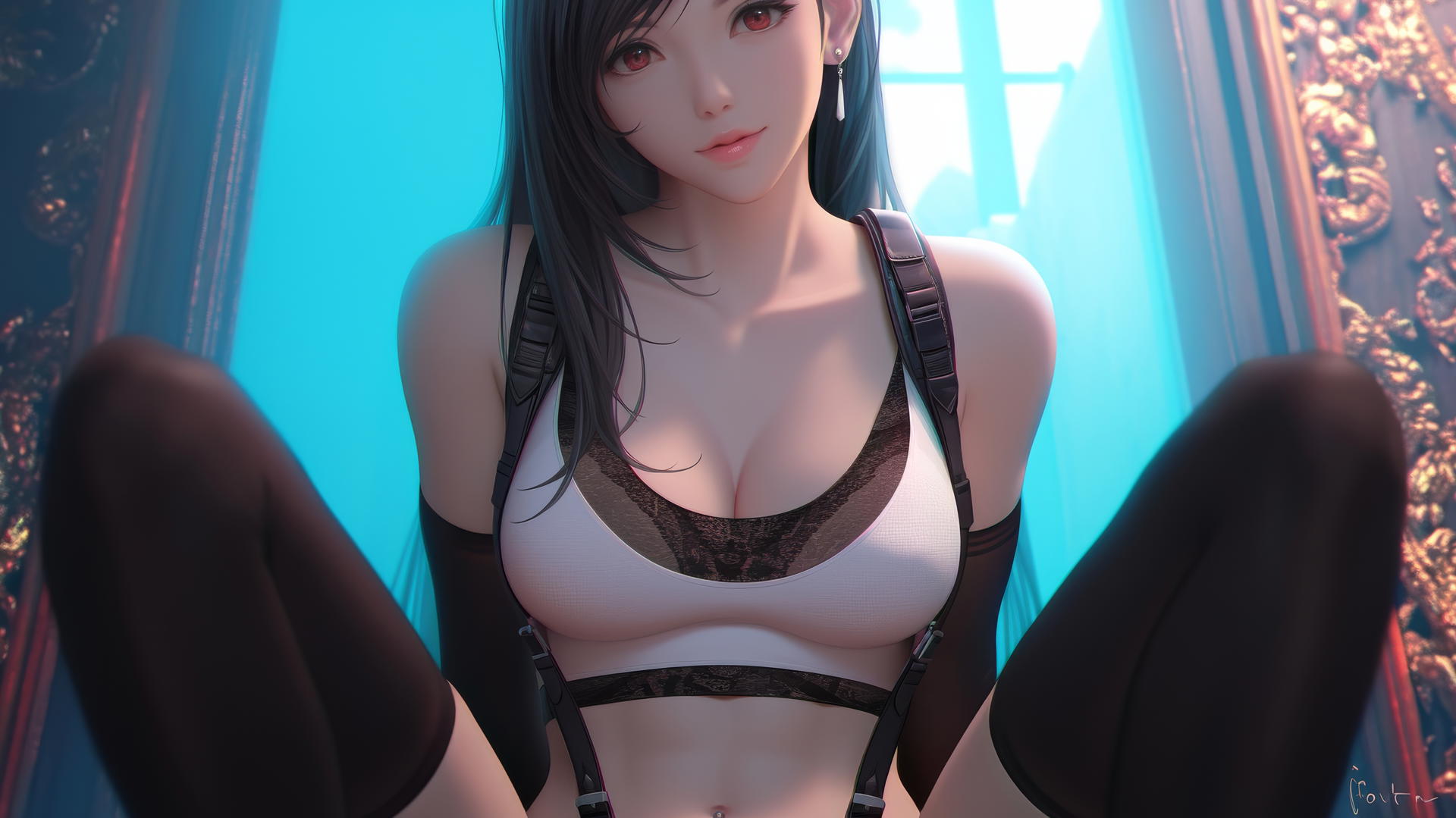 Tifa Lockhart kneeling and leaning, viewed from below with a ceiling background, warm light glow