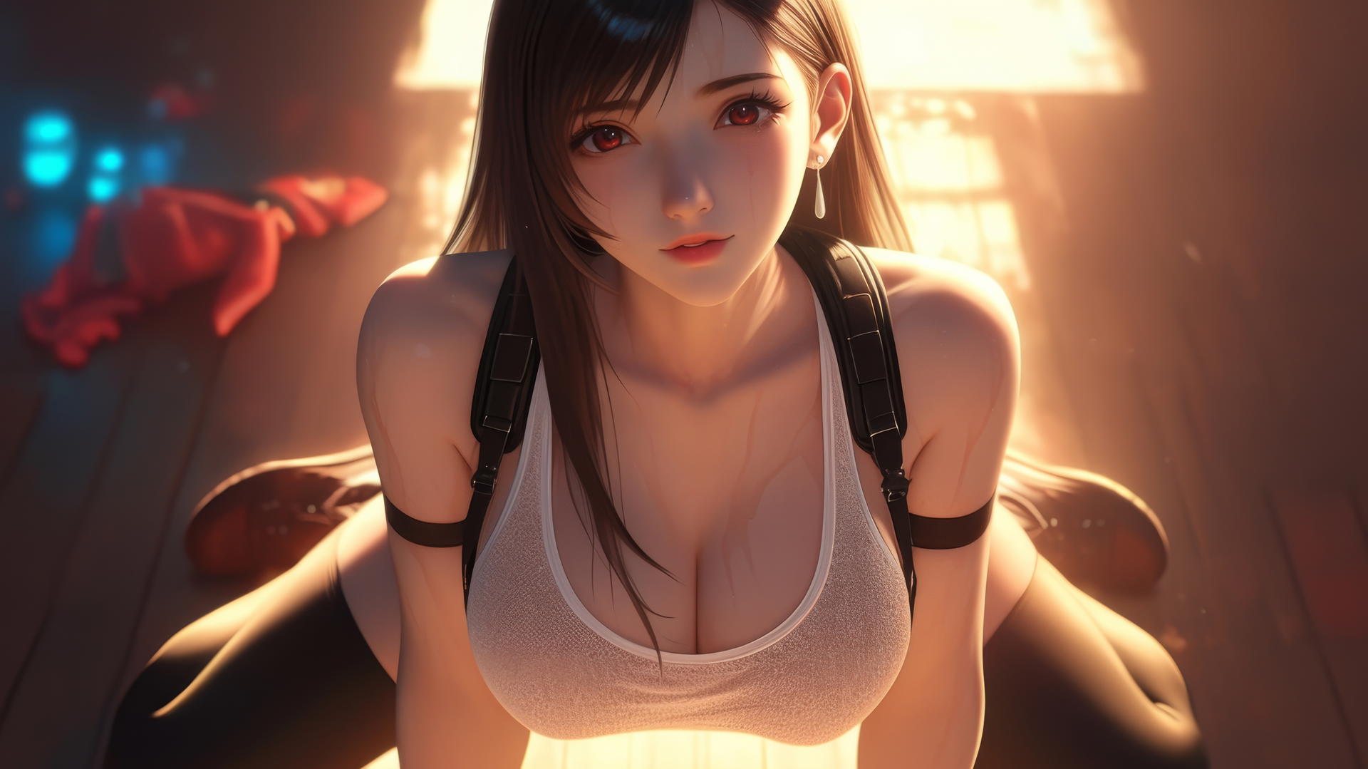 Tifa Lockhart kneeling and leaning down, with a ceiling background and warm lighting