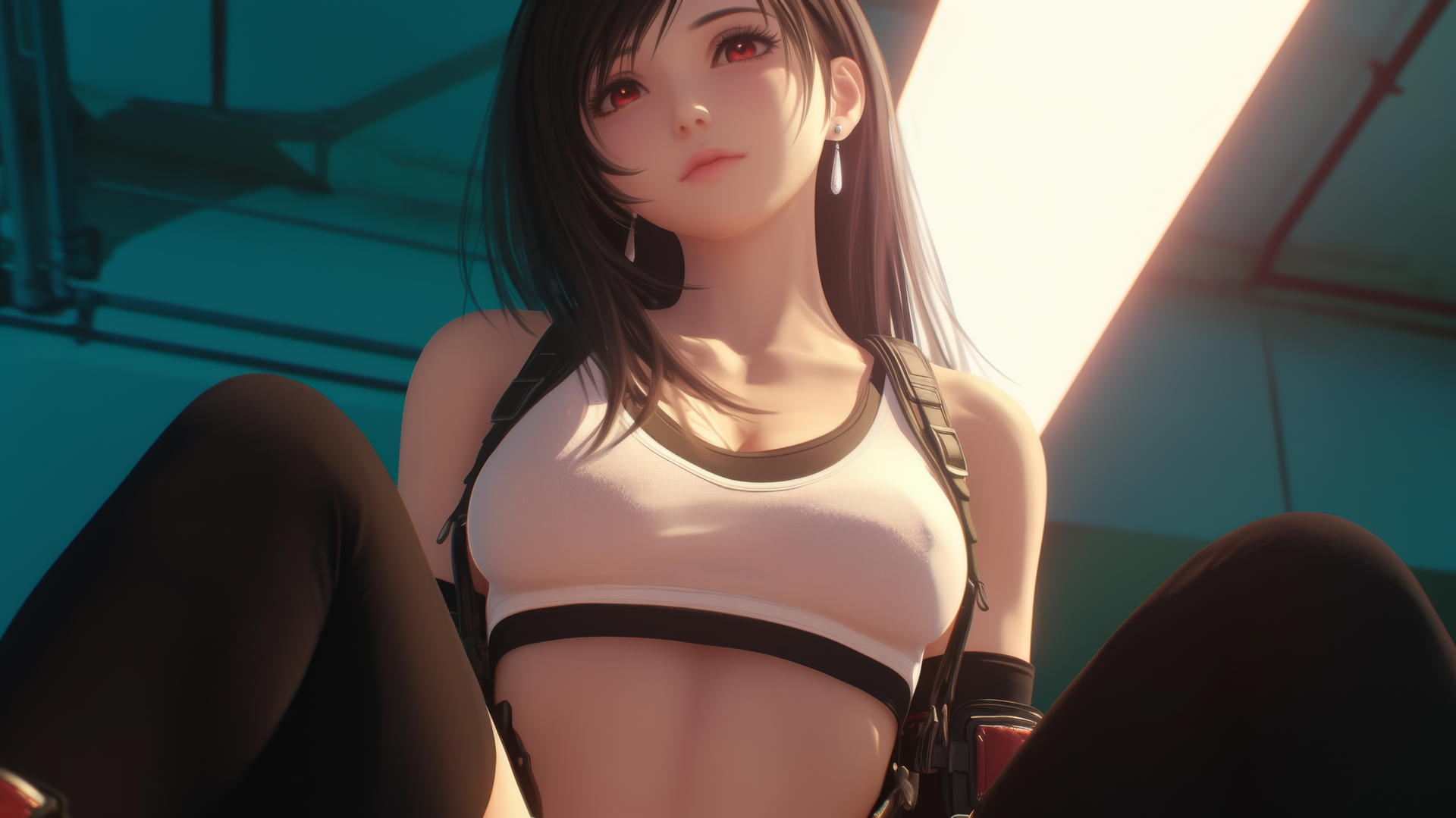 Tifa Lockhart kneeling and leaning forward with ceiling in background