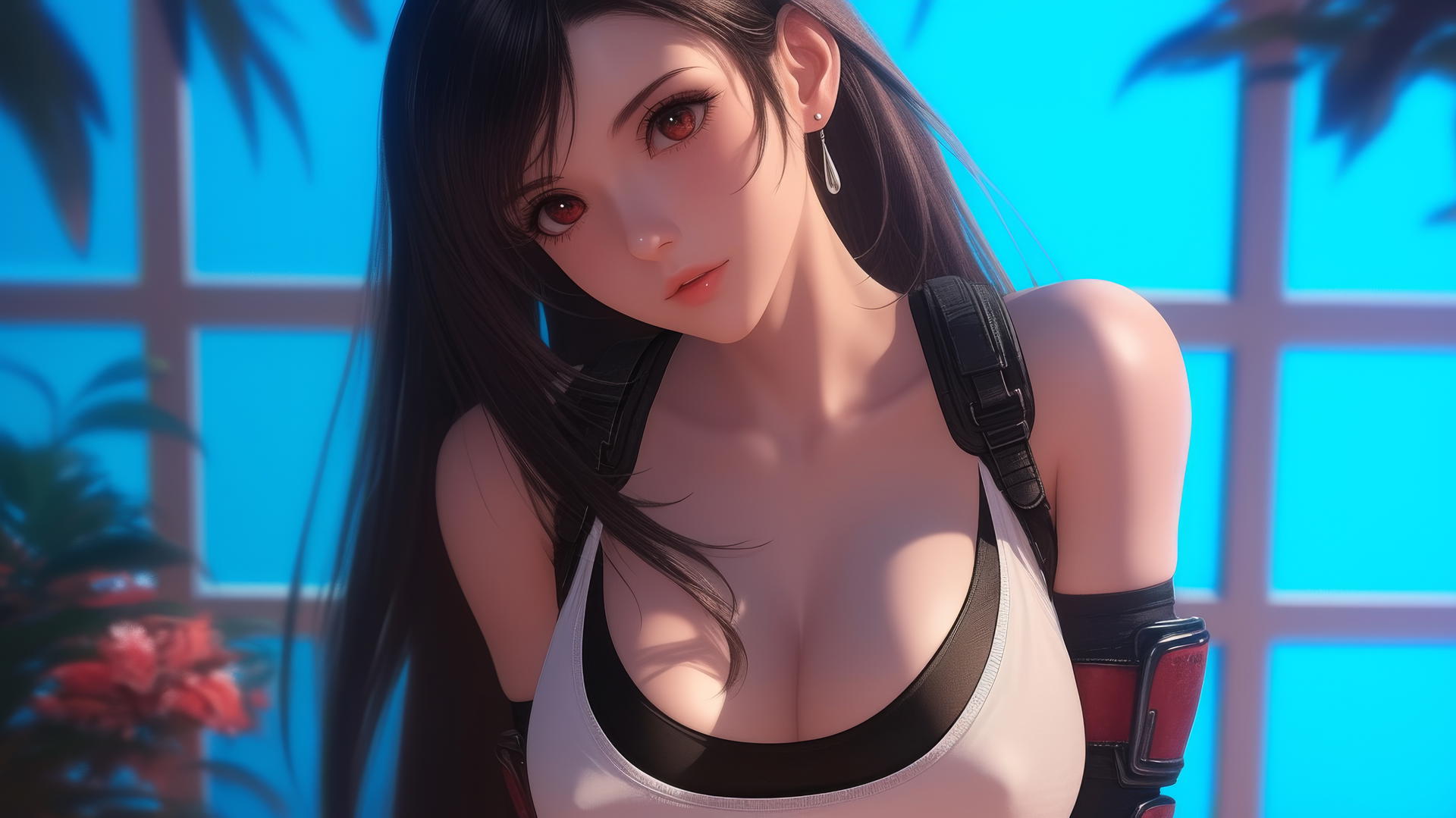 Tifa Lockhart kneeling and leaning forward, bathed in warm light