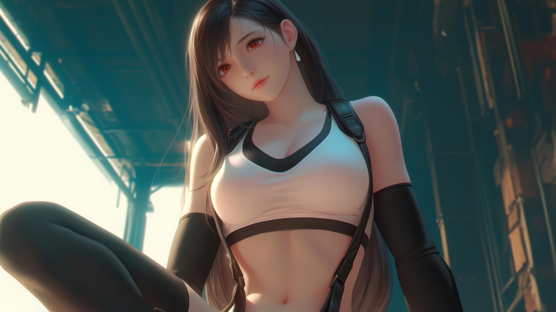 Tifa Lockhart kneeling and leaning forward with a ceiling as background