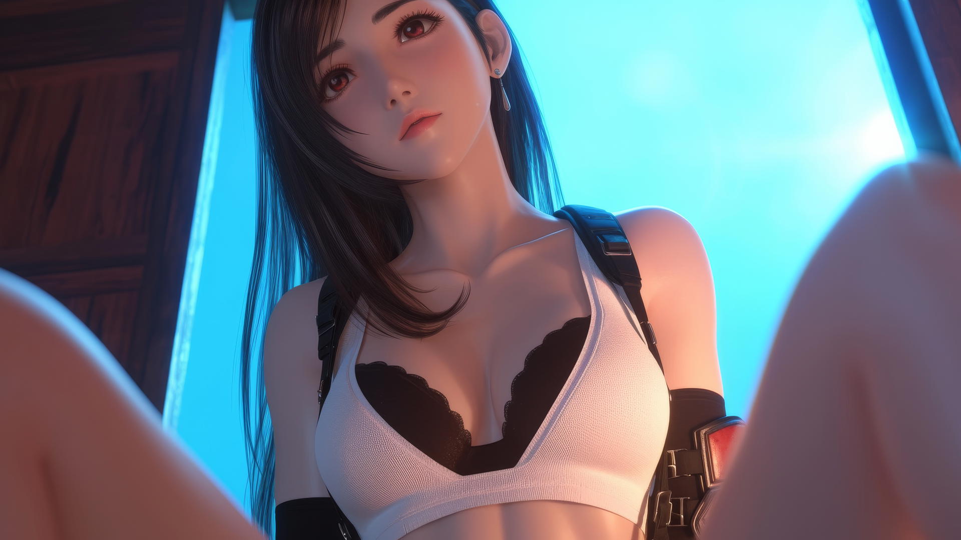 Tifa Lockhart kneeling and leaning forward with a ceiling background, warm light glow