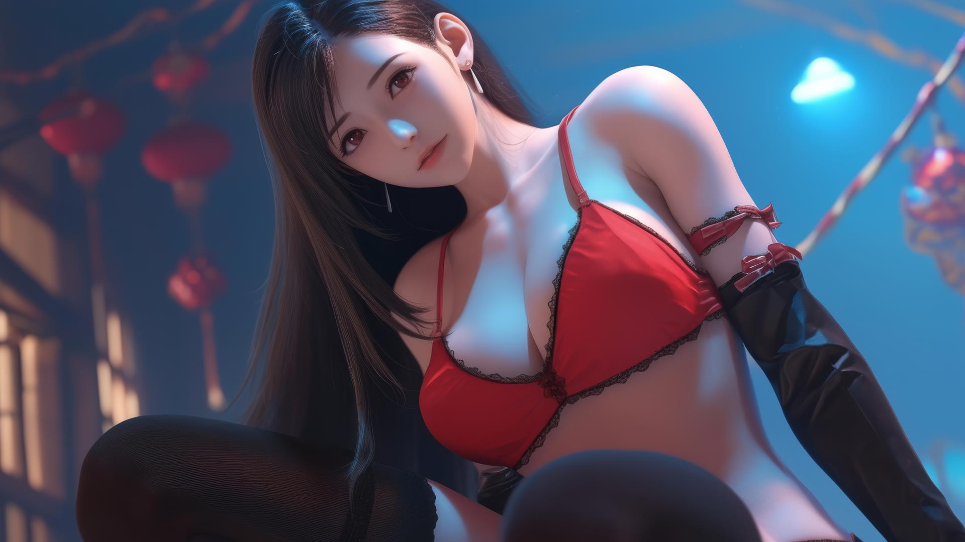 Tifa Lockhart in Christmas attire kneeling and leaning with a warm glow.