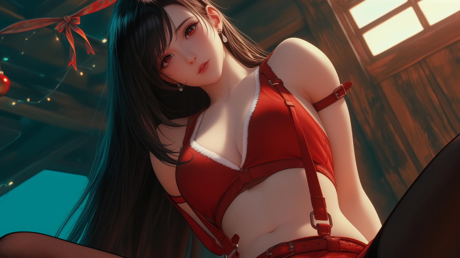 Tifa Lockhart in Christmas attire kneeling and leaning forward with warm light glow