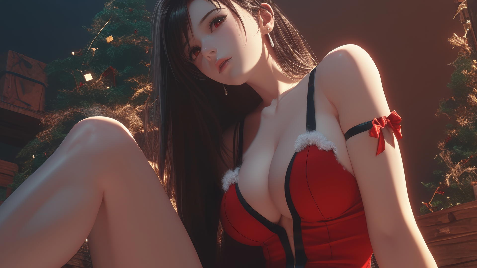 Tifa Lockhart, in Christmas attire, kneeling and leaning forward, viewed from below with ceiling background