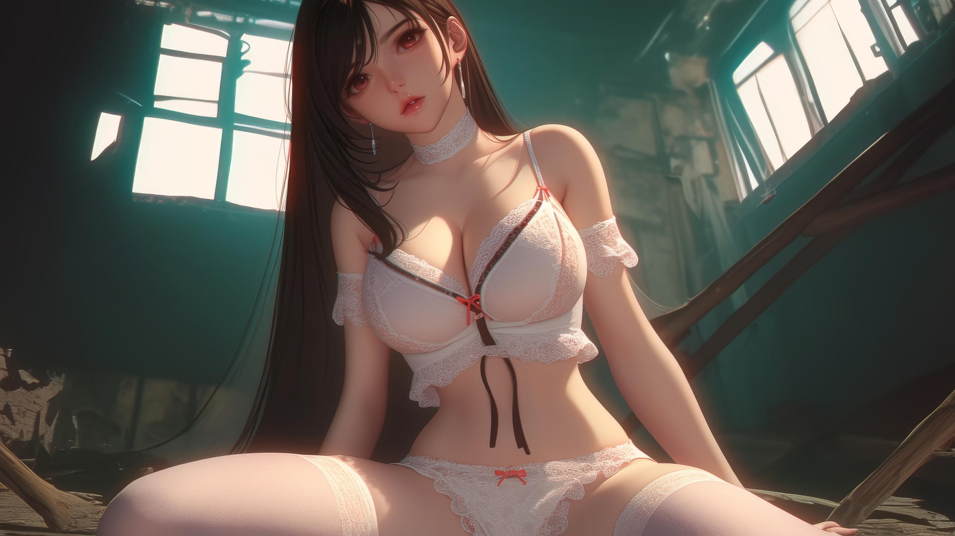Tifa Lockhart in a wedding dress, seen from below with a ceiling background.