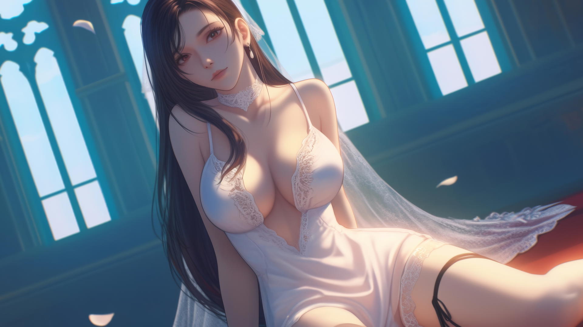Tifa Lockhart in a wedding dress kneeling, looking down, warm light, ceiling background.