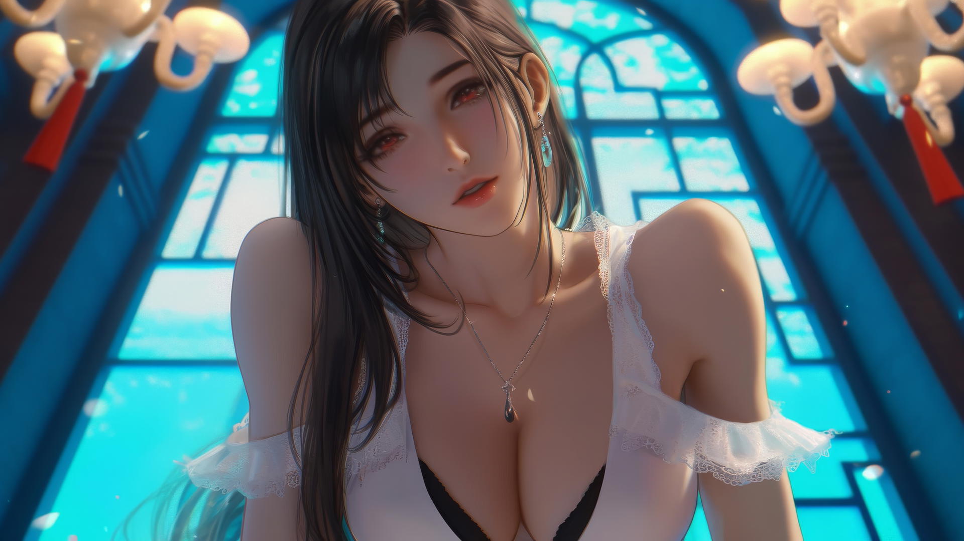 Tifa Lockhart in a wedding dress, kneeling, with a soft glow, looking down.