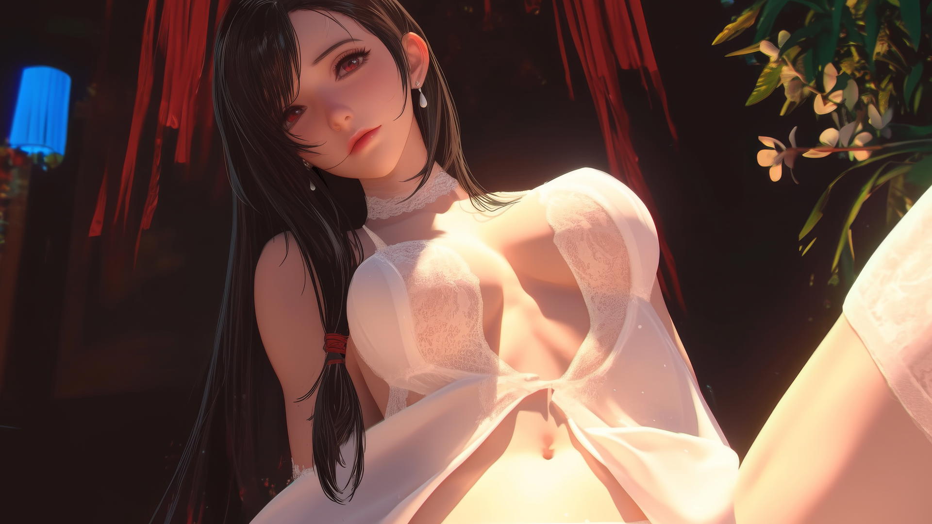 Tifa Lockhart in a wedding dress kneeling and leaning, seen from below, with a glowing warm light.