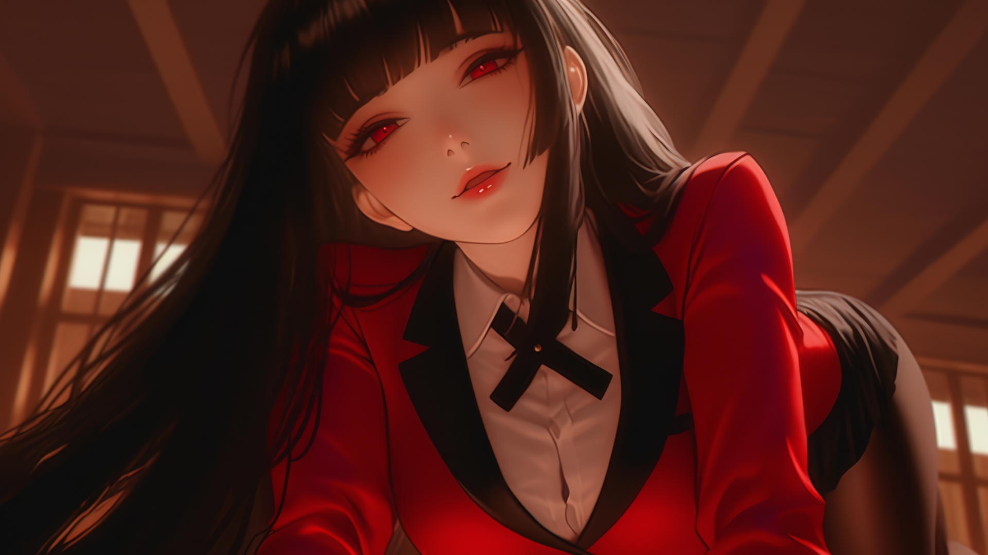 Yumeko Jabami from Kakegurui kneeling, with long black hair, red eyes, ceiling background.