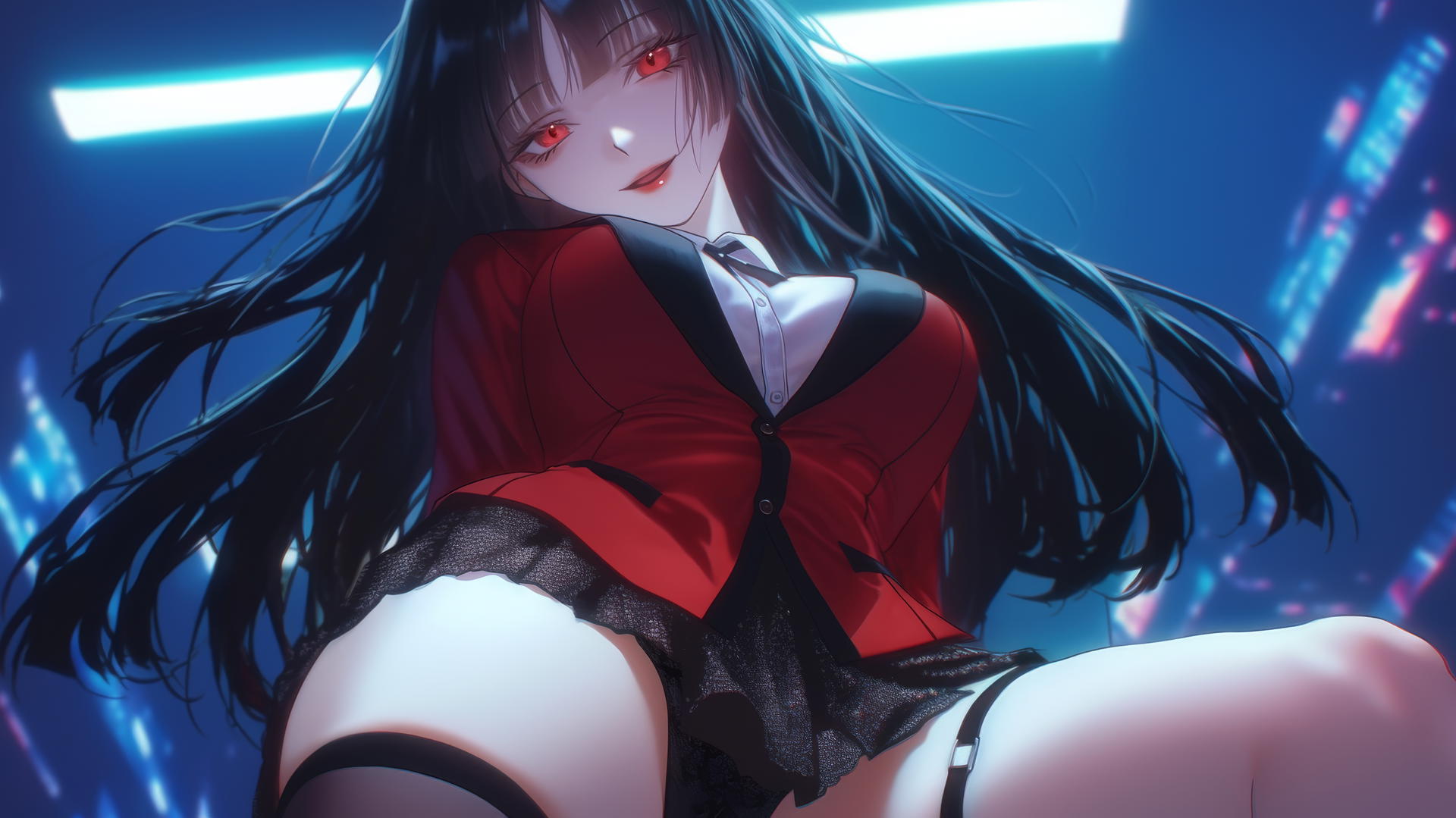 Yumeko Jabami kneeling, leaning forward, hime-cut black hair, red eyes, warm light