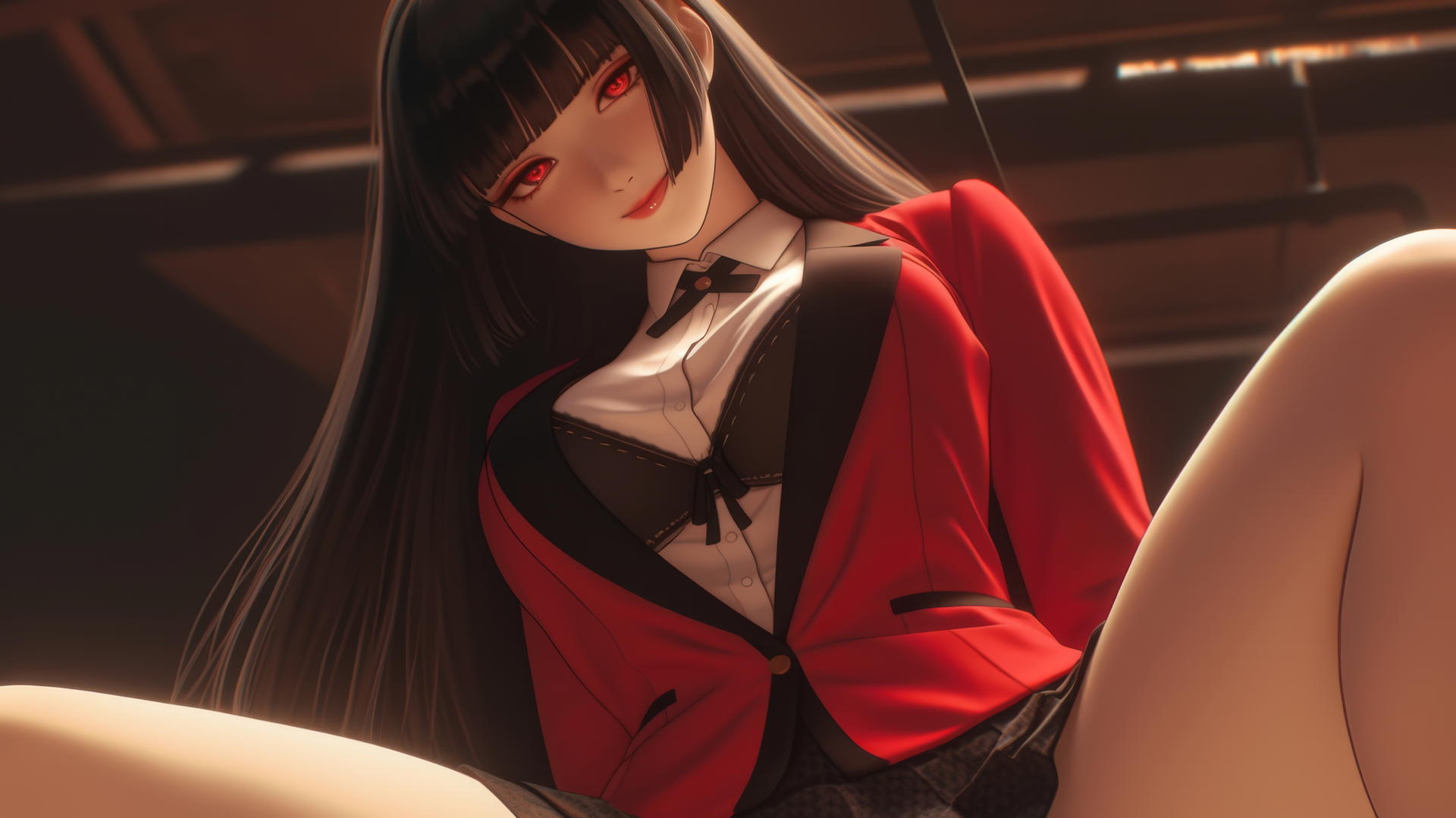 Yumeko Jabami, kneeling and leaning forward, red eyes, hime-cut hair, ceiling background.