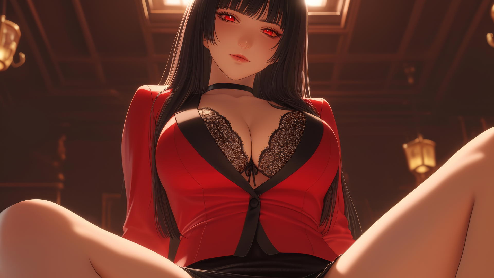 Yumeko Jabami from Kakegurui kneeling, leaning forward with hime-cut black hair and red eyes, warm light glow