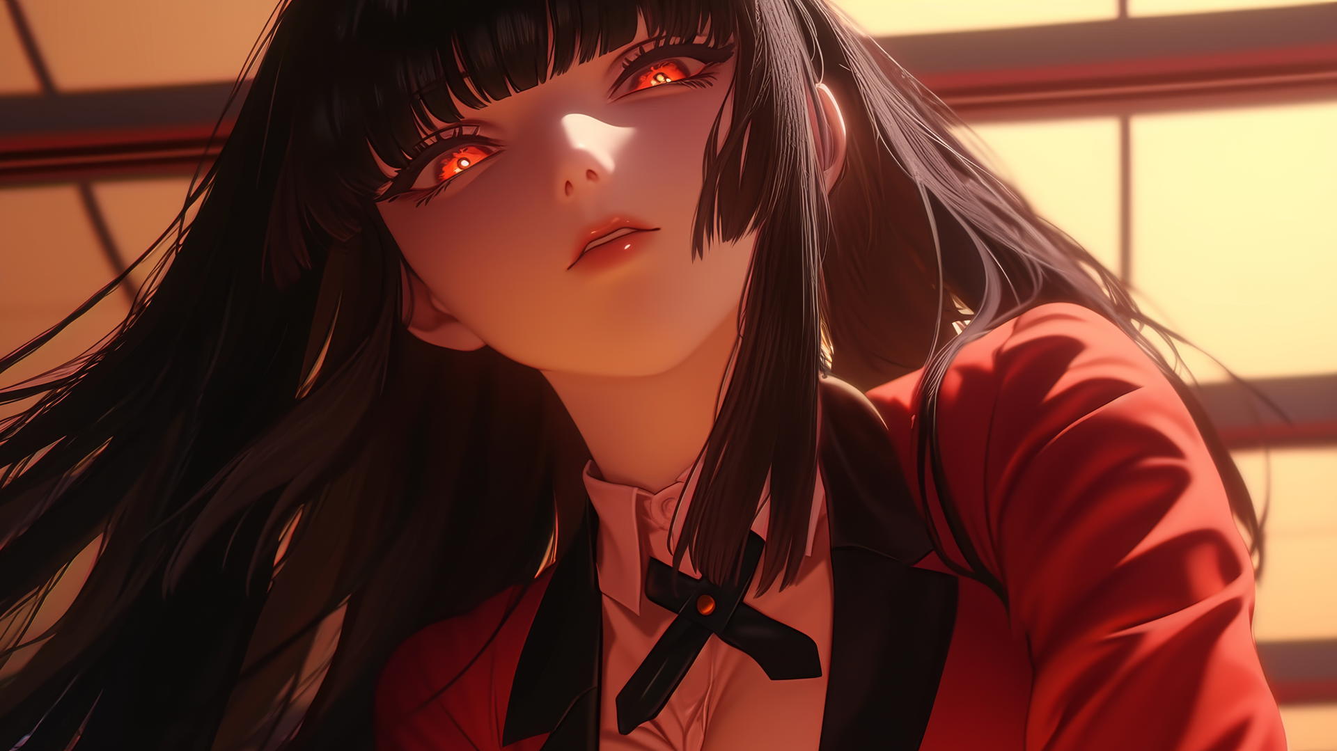 Yumeko Jabami kneeling and leaning with red eyes, long black hime-cut hair, warm light