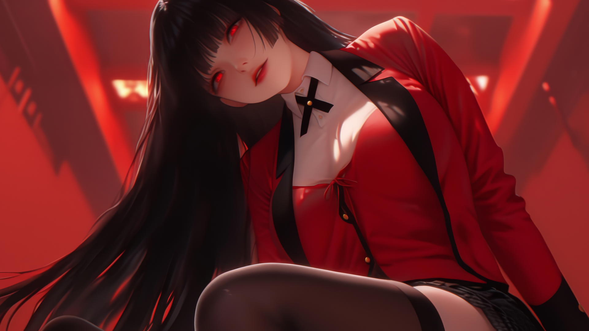 Kneeling Yumeko Jabami from Kakegurui with long black hime-cut hair and red eyes, seen from below