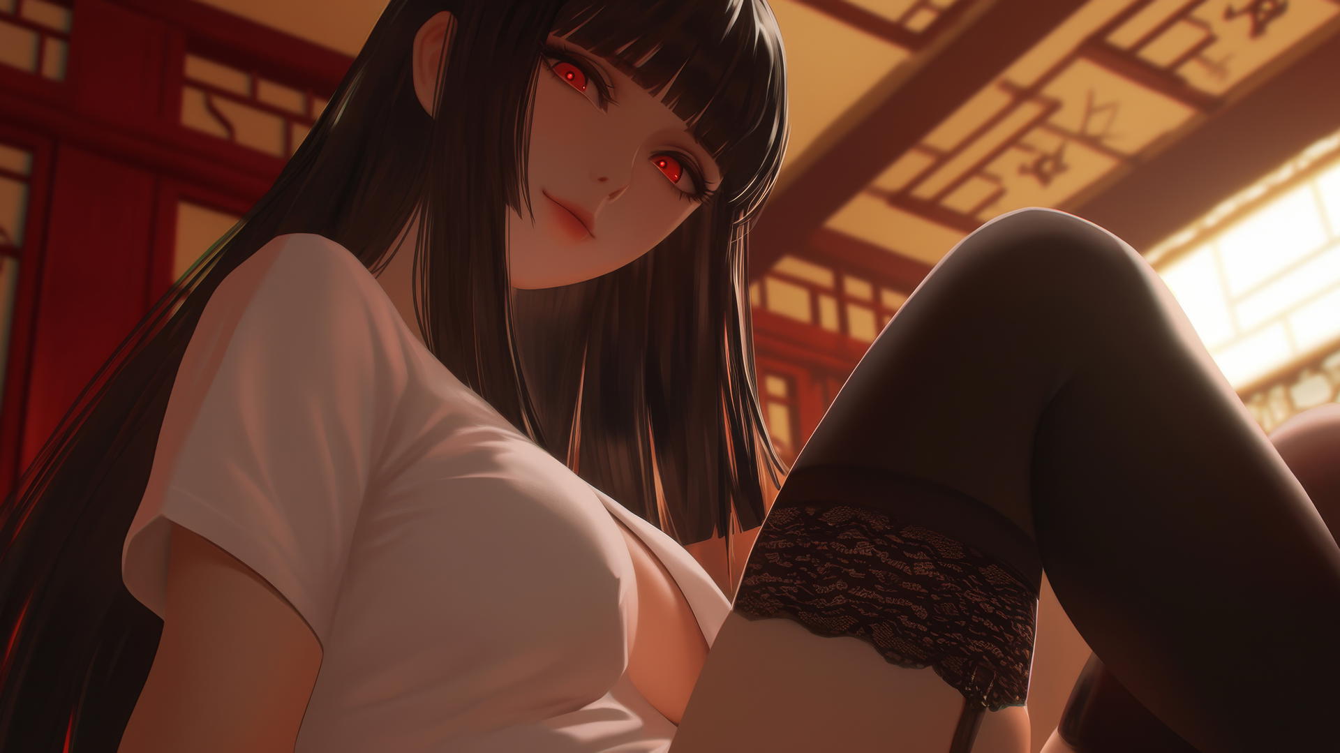 Yumeko Jabami kneeling, leaning forward, warm light, ceiling background