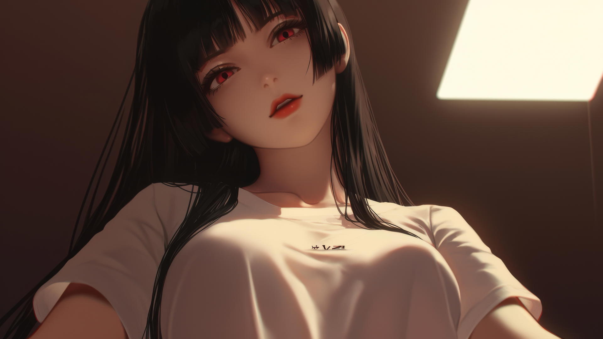 Yumeko Jabami kneeling and leaning forward with a warm glow, hime-cut black hair, red eyes, and ceiling background