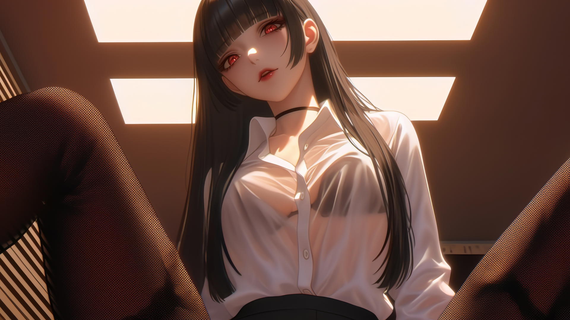 Yumeko Jabami from Kakegurui kneeling, leaning forward with a soft glow.