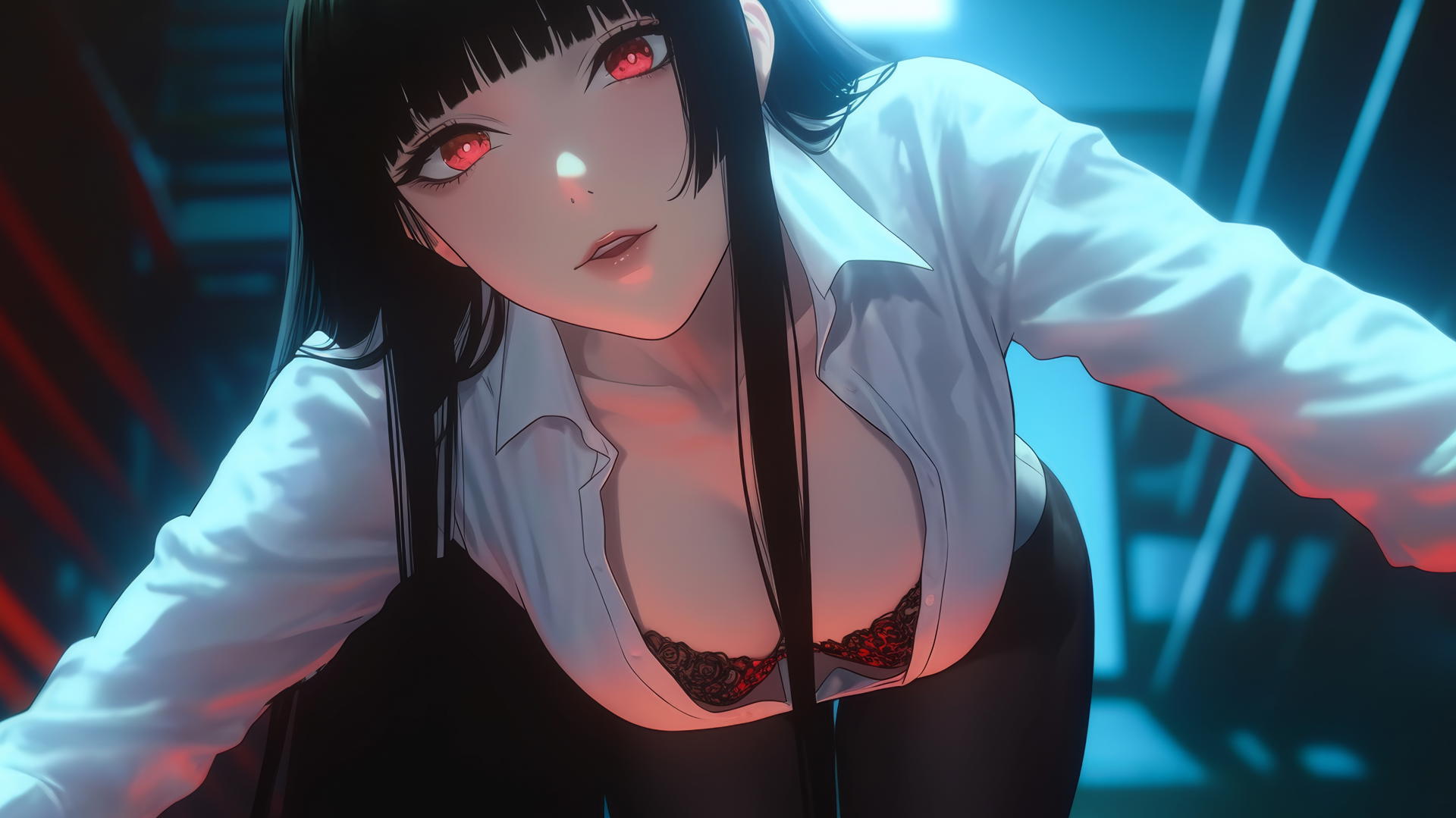 Yumeko Jabami in a white office shirt, kneeling and leaning forward with red eyes and black hime-cut hair, warm light, ceiling background.