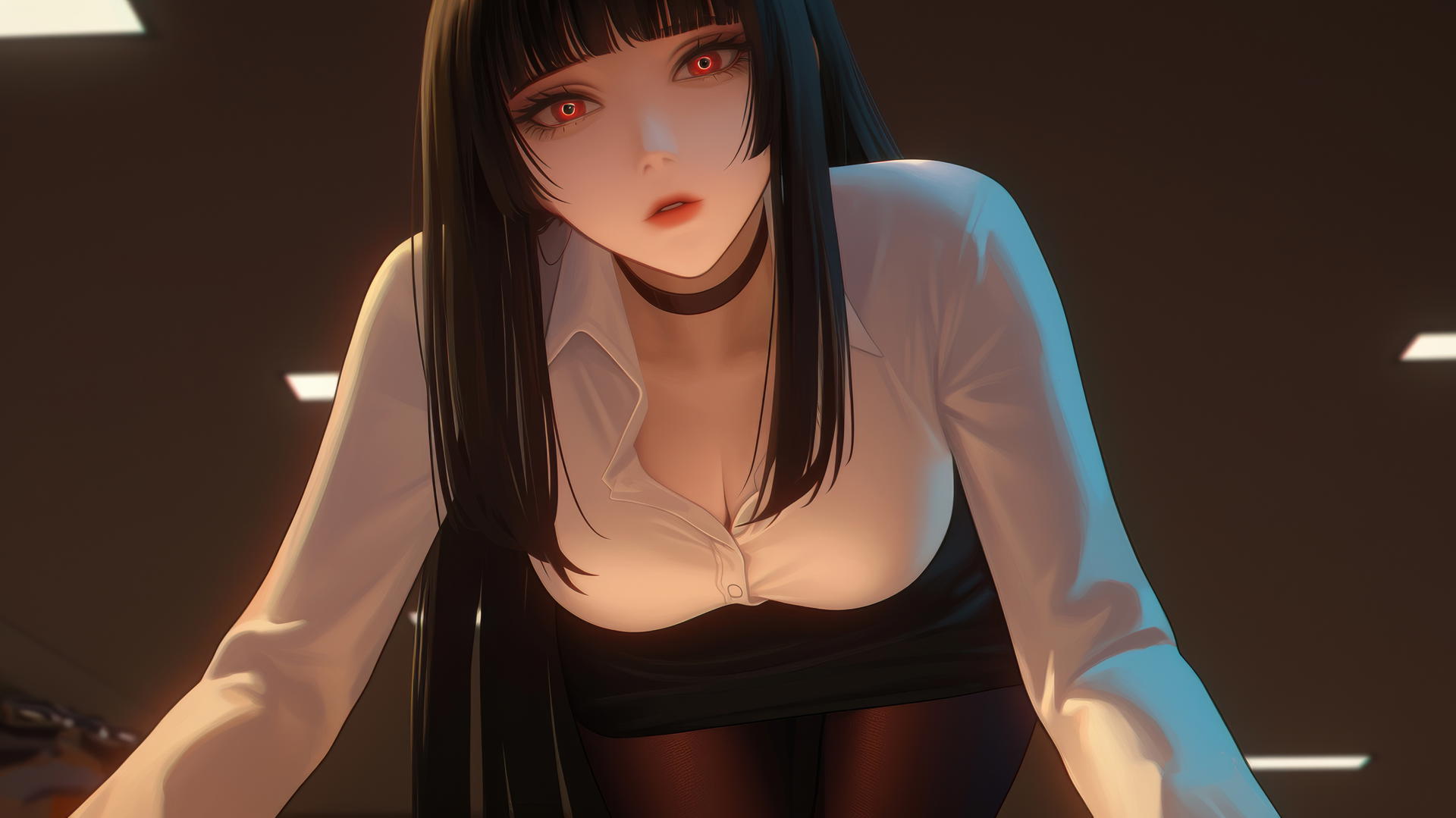 Yumeko Jabami from Kakegurui kneeling in a white office shirt, looking down with red eyes