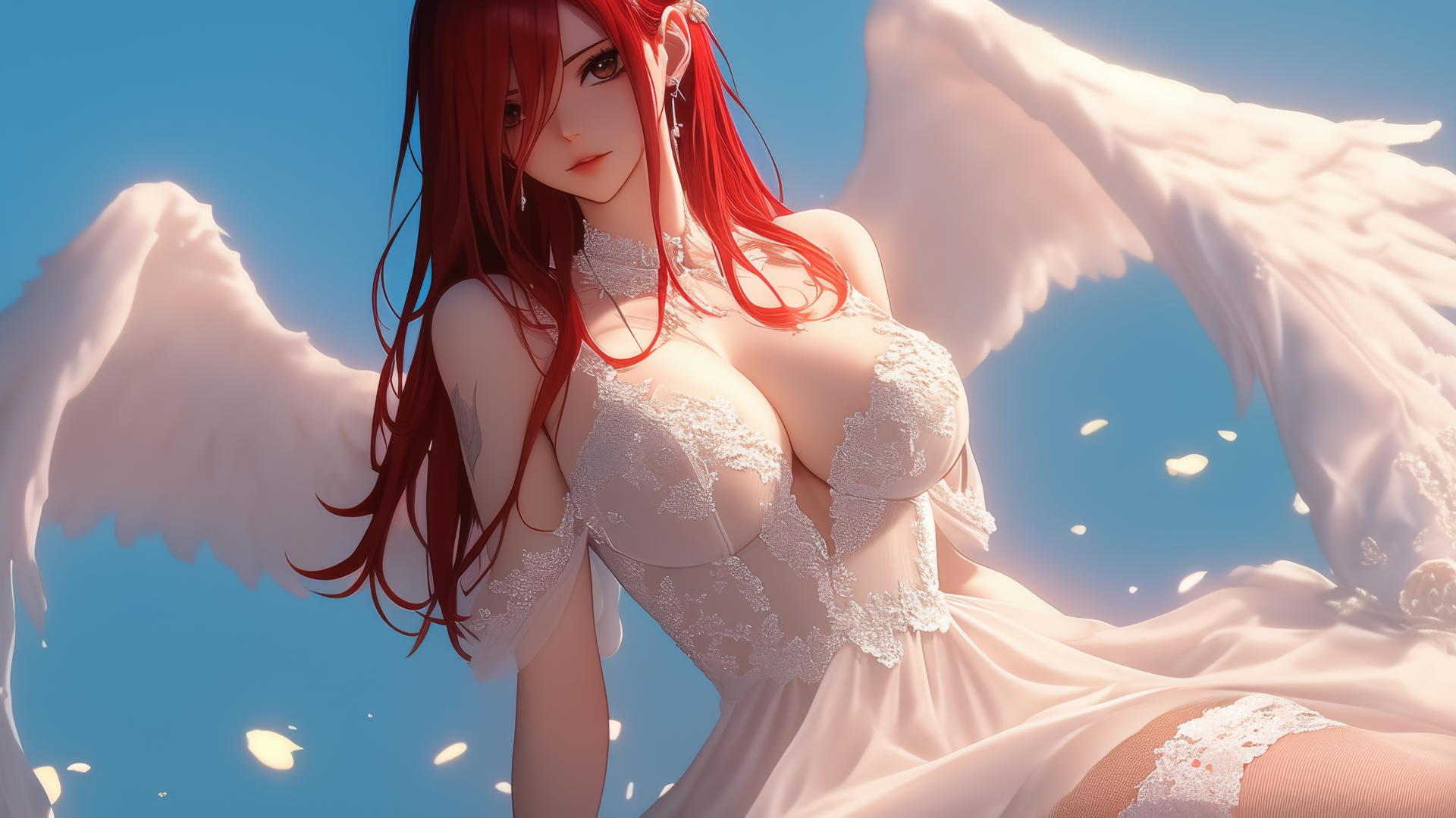 Erza Scarlet in a wedding dress, kneeling, leaning forward with scarlet hair and brown eyes.