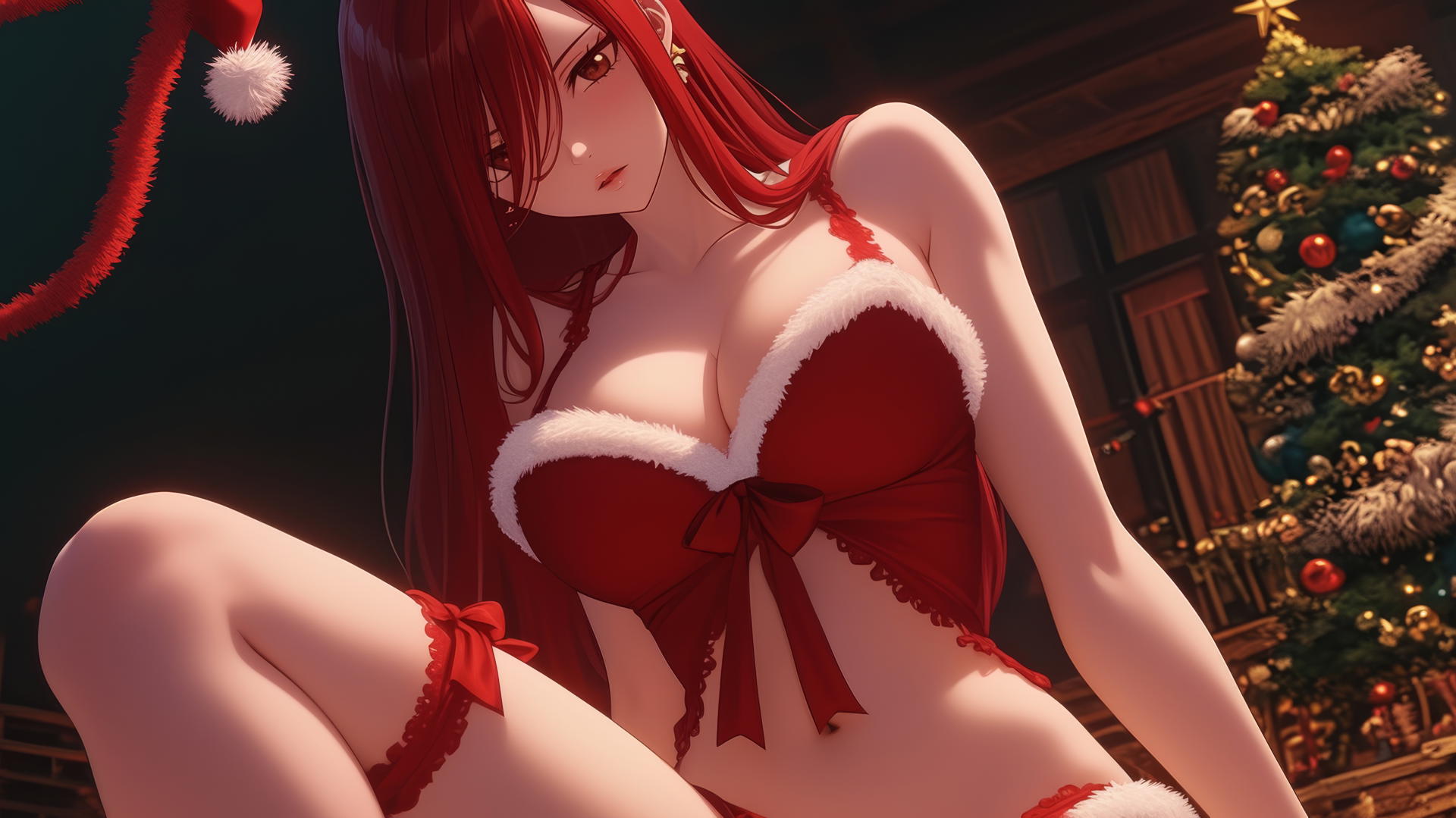 Erza Scarlet from Fairy Tail in Christmas attire, kneeling and leaning forward, with a ceiling behind her, warm light casting a soft glow.