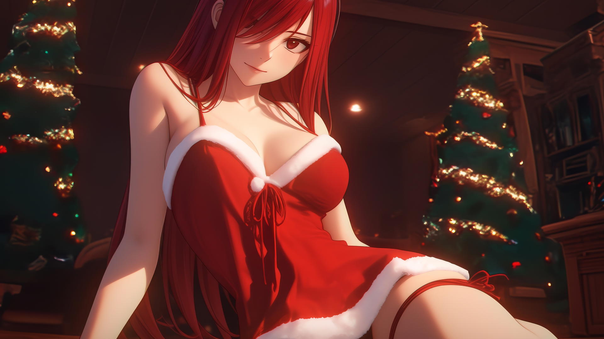 Erza Scarlet in red Christmas attire kneeling and leaning down with warm light