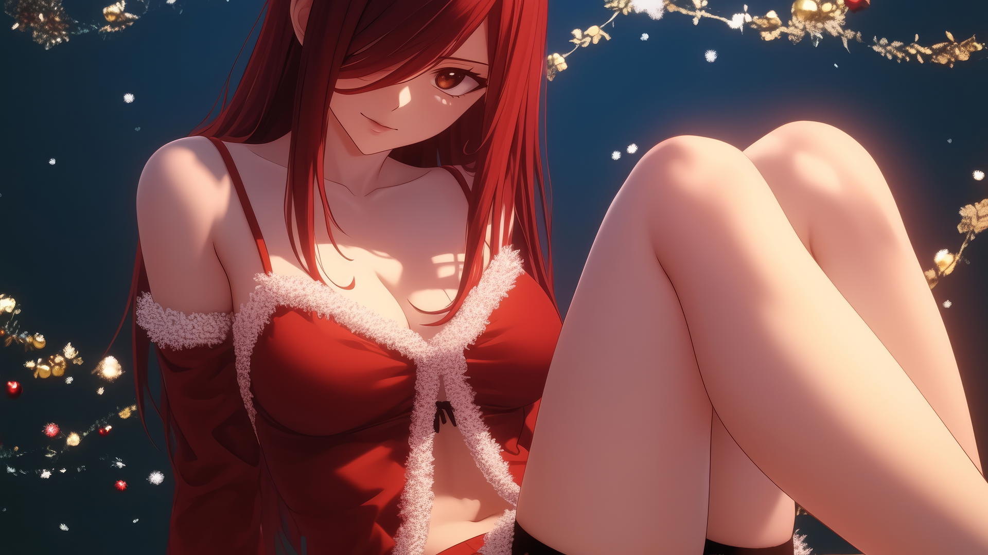 Erza Scarlet in Christmas attire kneeling, leaning close, seen from below, warm light glow.