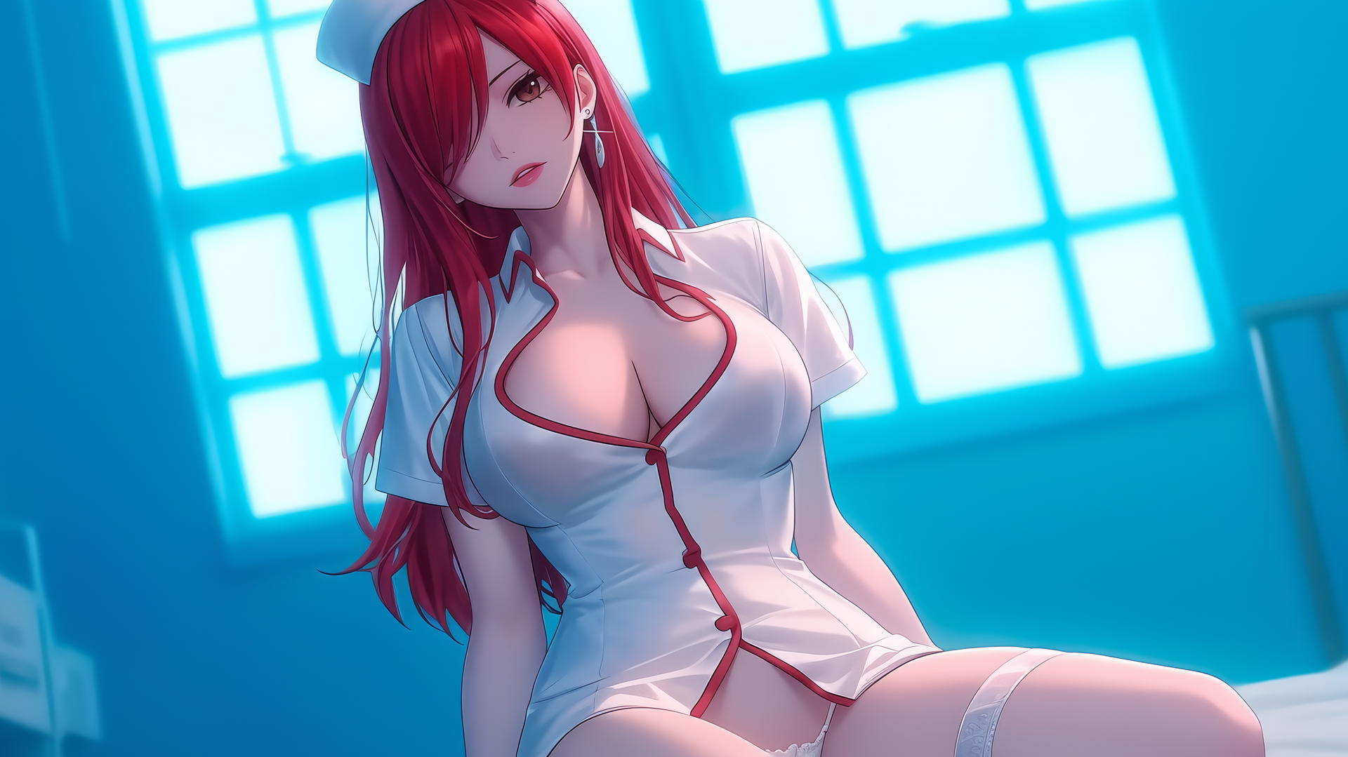 Erza Scarlet as a nurse, kneeling and leaning toward the viewer, with warm light and ceiling background.