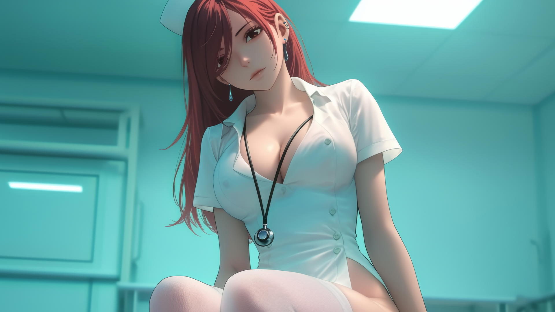 Erza Scarlet as a nurse kneeling, looking down with scarlet hair and brown eyes, ceiling background.