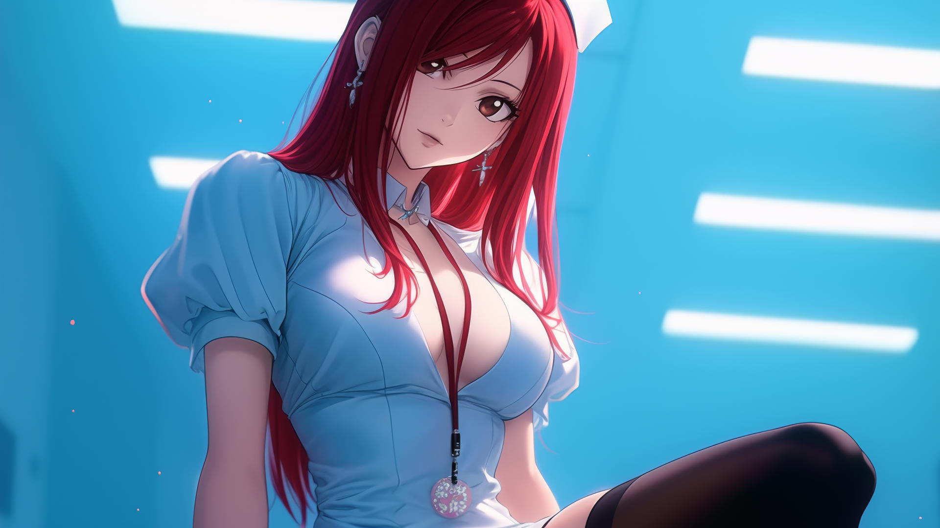 Erza Scarlet as a nurse, kneels and leans forward with warm light casting a soft glow.