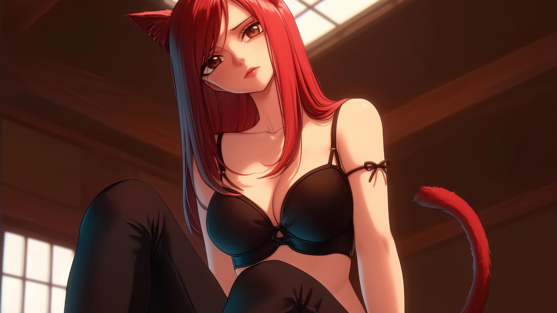 Cat girl Erza Scarlet with scarlet hair and brown eyes, leaning and kneeling, warm light glow