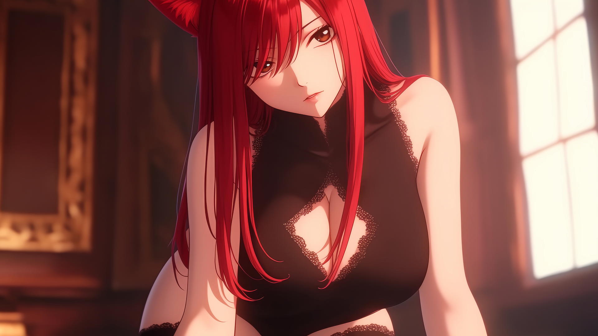 Cat girl with scarlet hair and brown eyes kneeling and leaning forward with warm light