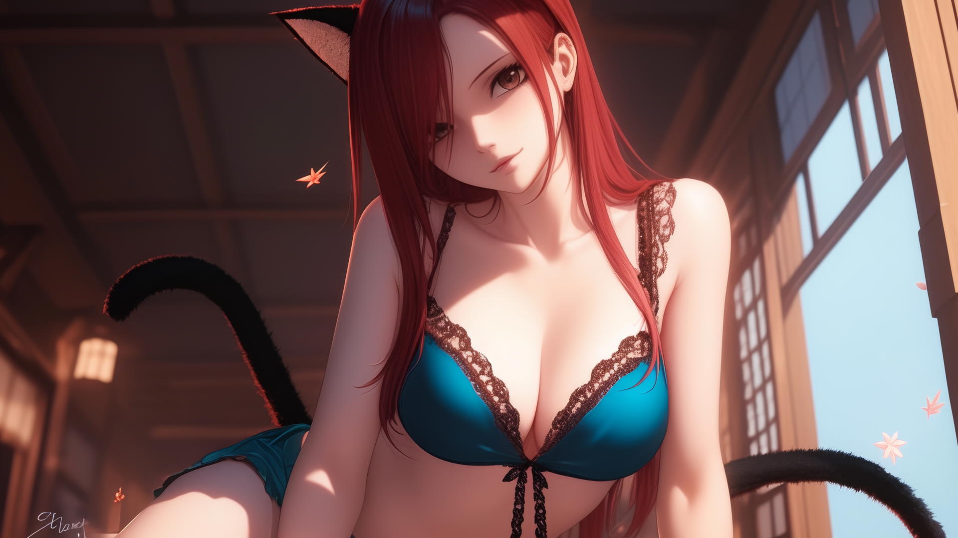 Pink cat girl resembling Erza Scarlet leaning downward with warm light and ceiling background