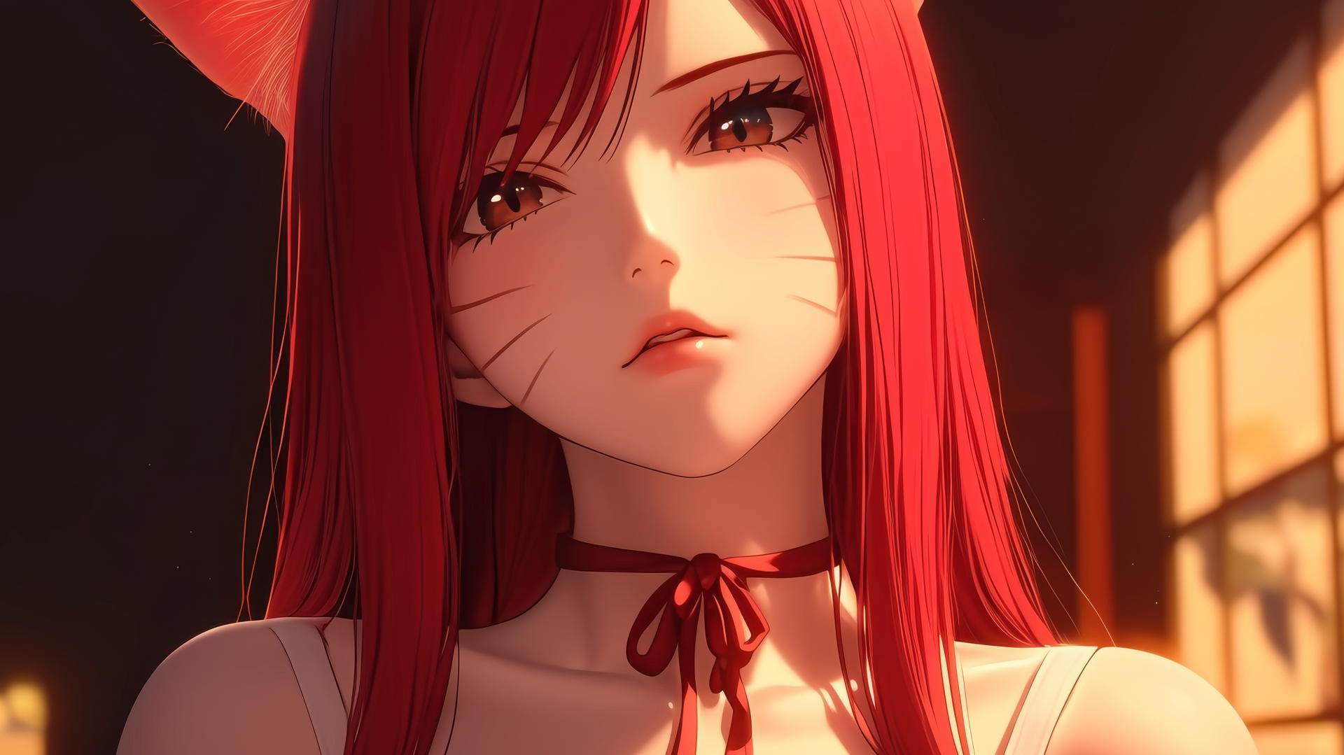 all pink cat girl kneeling, Erza Scarlet from Fairy Tail, scarlet hair, brown eyes, warm light