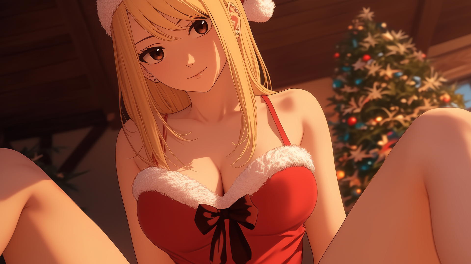 Lucy Heartfilia kneeling in Christmas outfit, seen from below, warm light