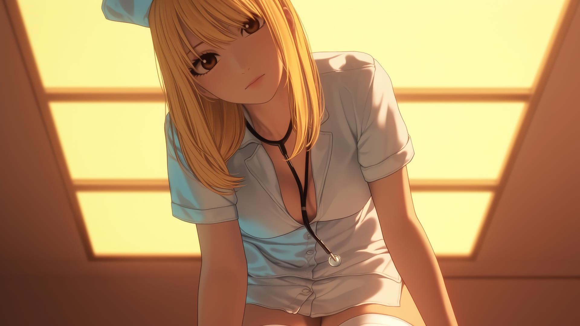 Lucy Heartfilia as a nurse in a hospital, kneeling and leaning, warm light