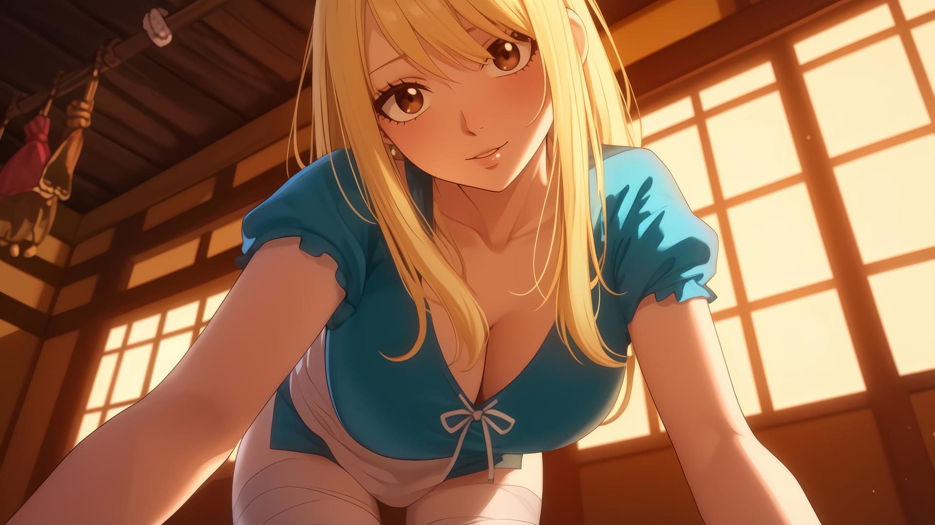 Lucy Heartfilia kneeling and leaning forward with a soft glow in a warm light