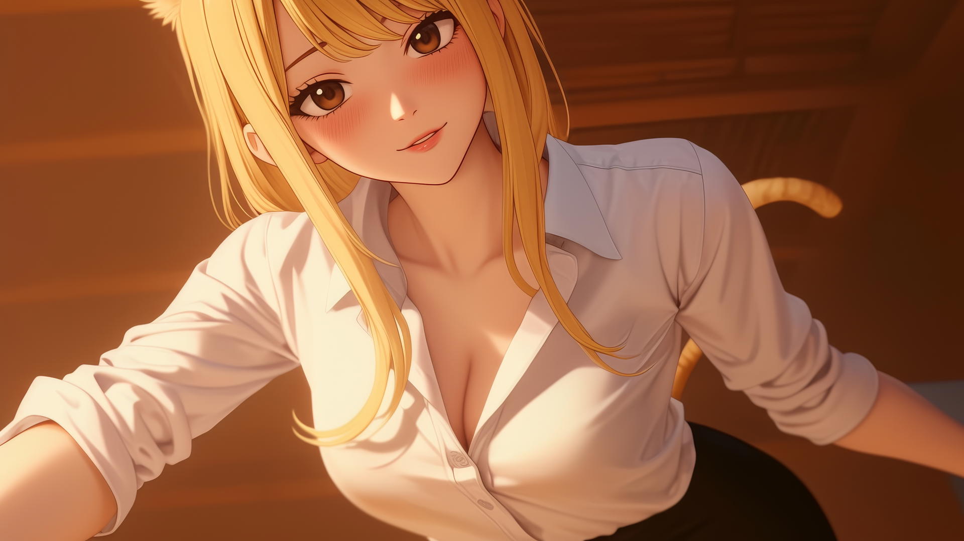 Cat girl with blonde hair and brown eyes in an office shirt, kneeling and leaning forward.