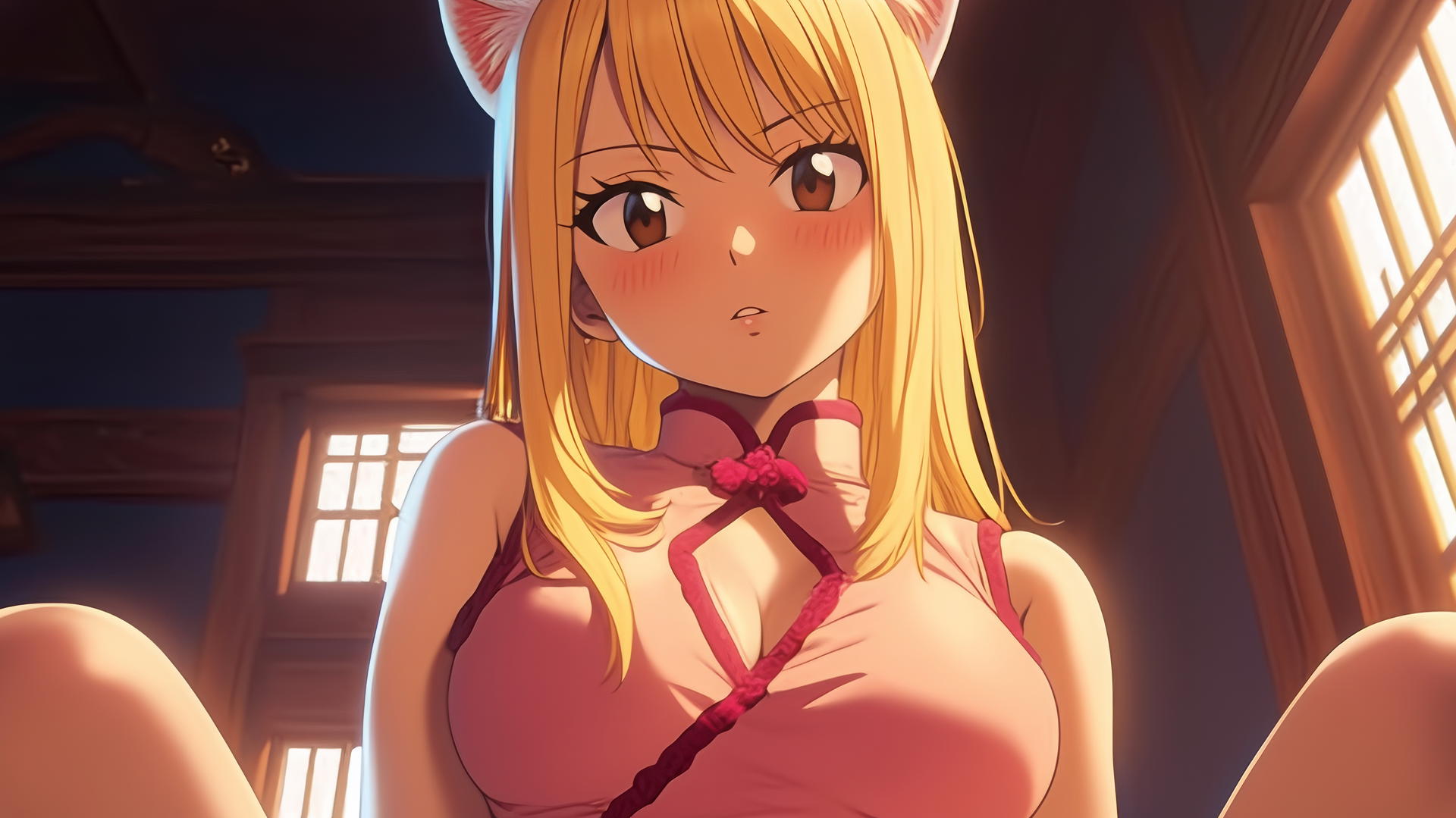 all pink cat girl Lucy Heartfilia from Fairy Tail kneeling and leaning down